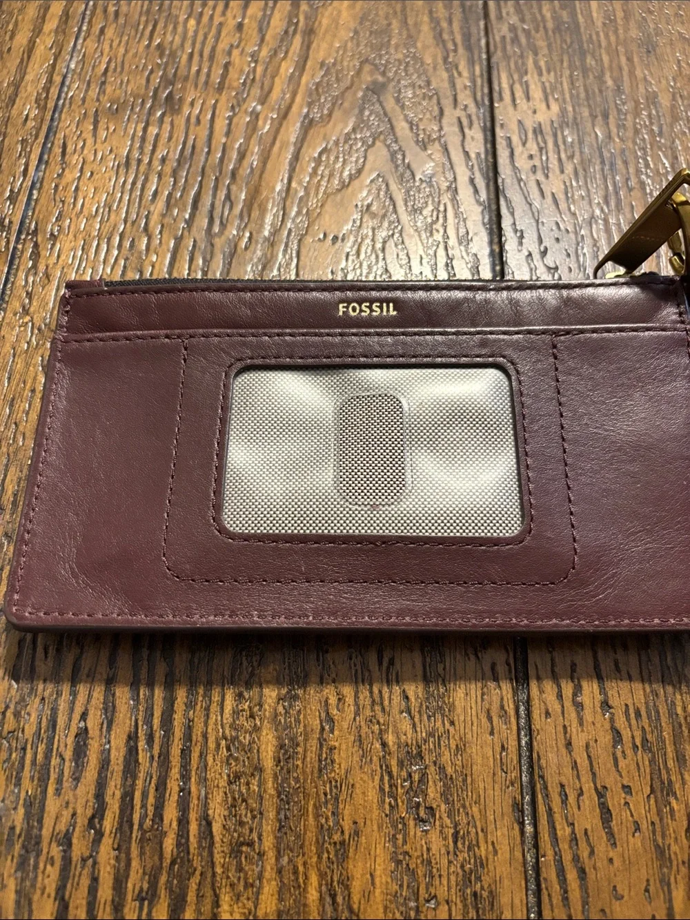 Fossil Burgundy Leather Wristlet Clutch with Yellow, Blue, Green & Pink Stripes